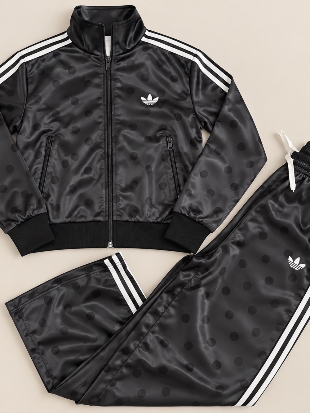 Adidas Polka Dot Satin Track Jacket & Wide Leg Pants Set